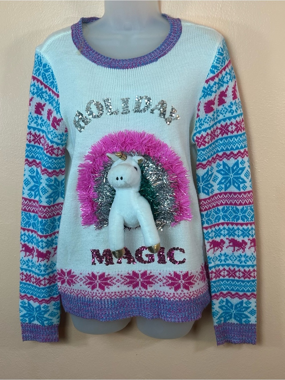 No Boundaries Holiday Magic Unicorn Plush Tinsel Sweater Women L